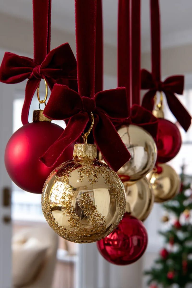 27. Vertical Red and Gold Ornaments with Velvet Ribbon - photo 2