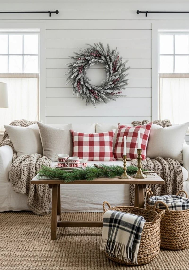 14. Red Striped Pillows On Slipcovered Sofa - photo 3