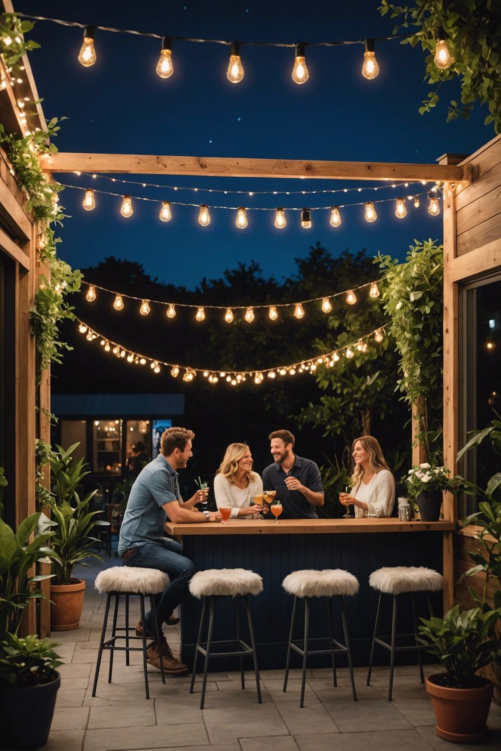 4) Patio Bars with Stools and String Lights