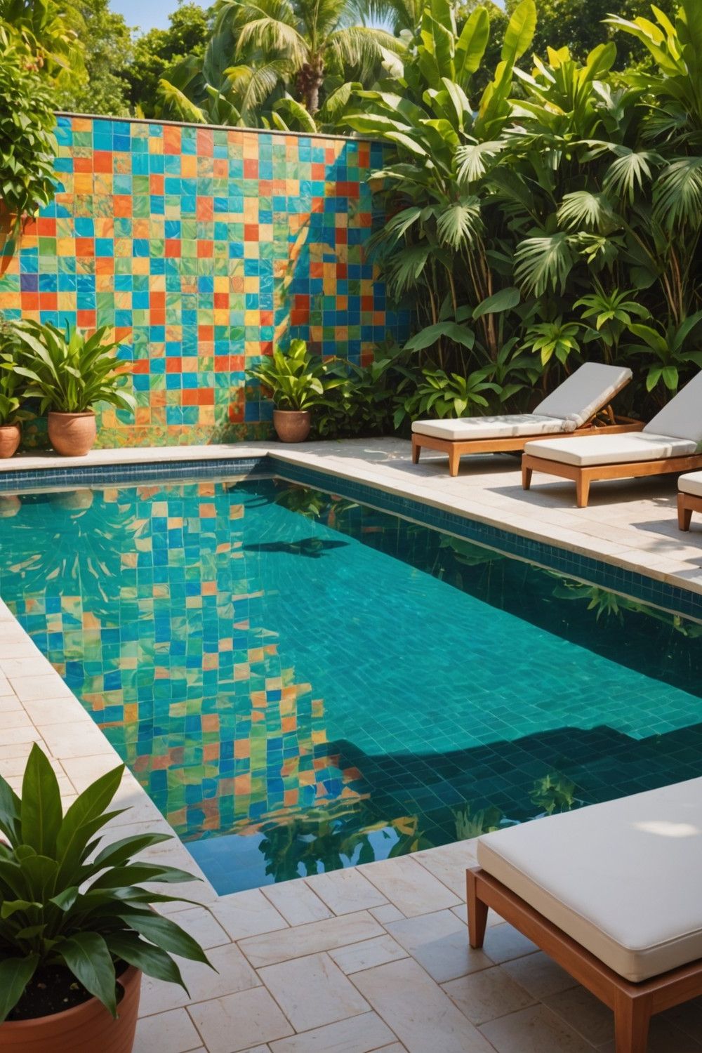 Bold Tile Accent Wall Behind Pool