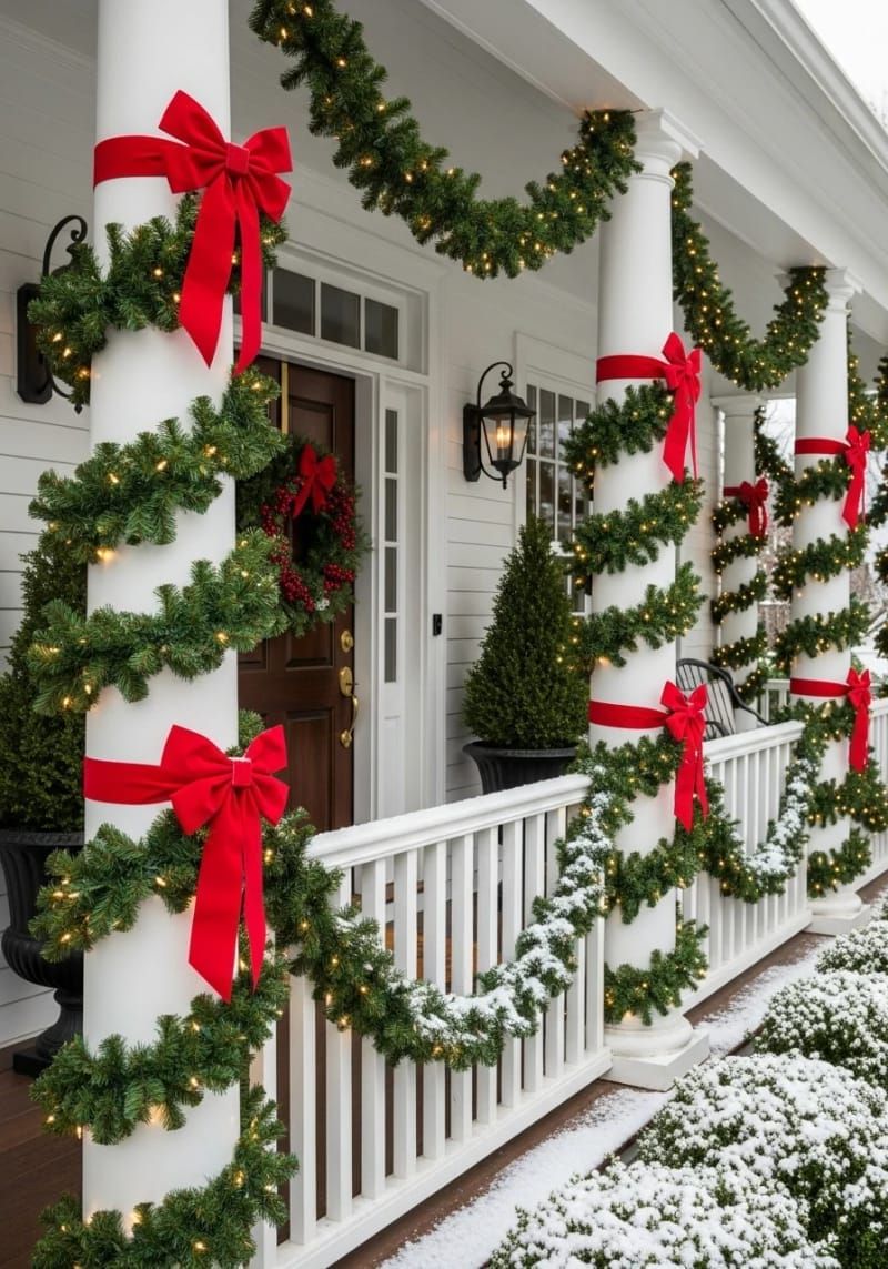 8. Garland-wrapped porch columns with red bows