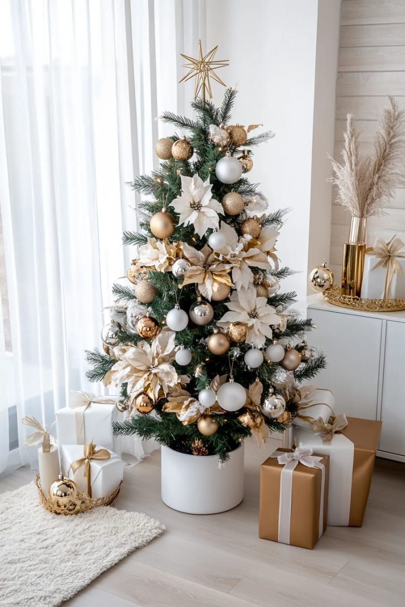2. White and Gold Tree With Glass Ornaments