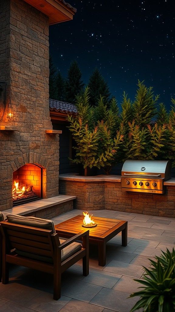Stone Barbecue Beside a Fireplace