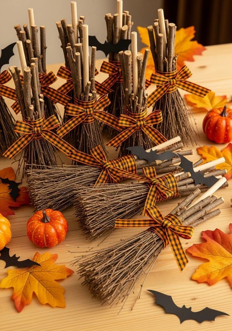 16. Gingham-Tied Mini Broomstick Bundles