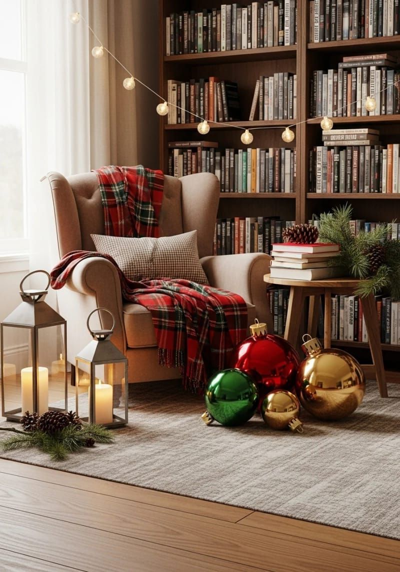 31. Tartan blanket reading nook with lanterns and oversized decor