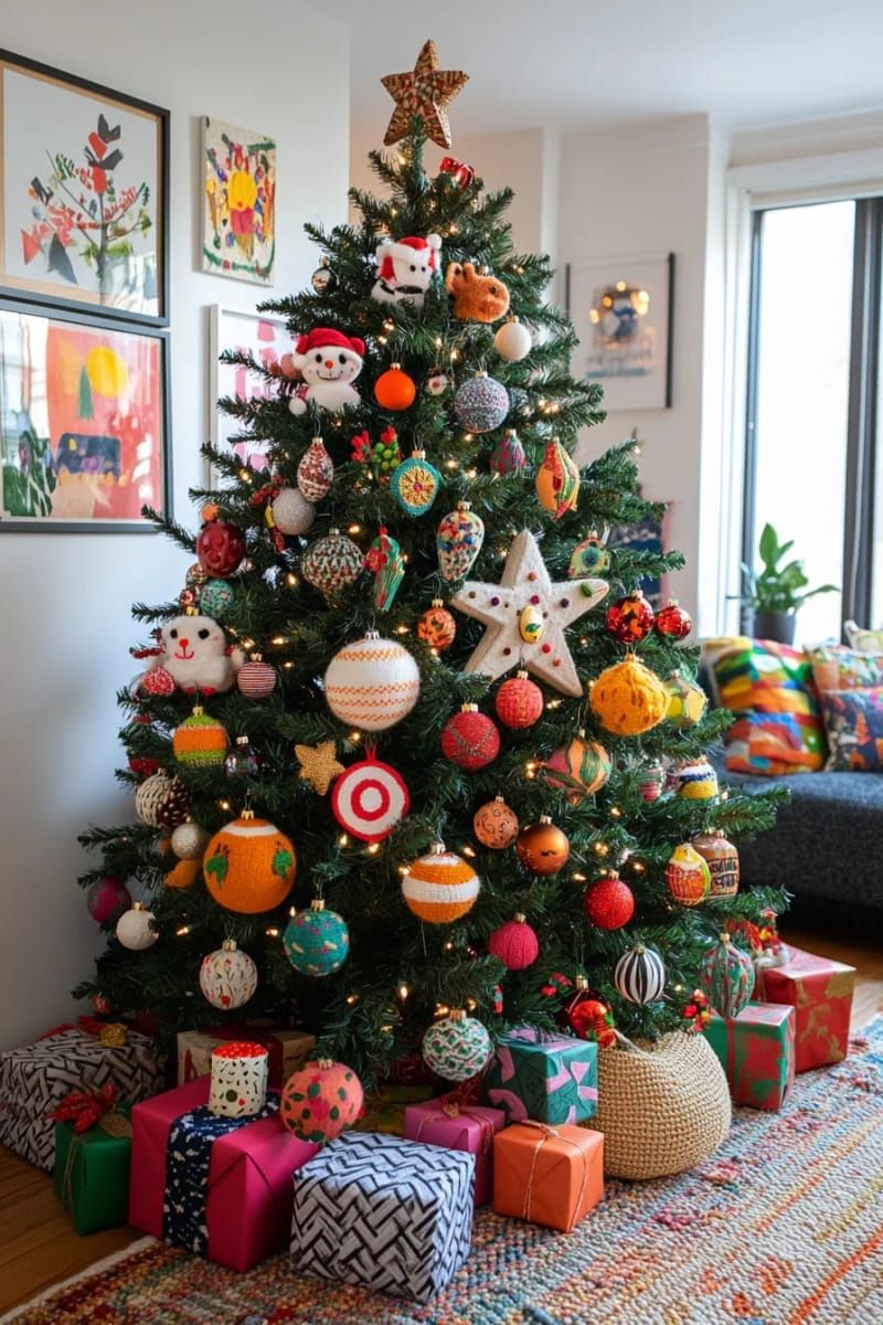 15. Eclectic tree with handcrafted whimsical ornaments