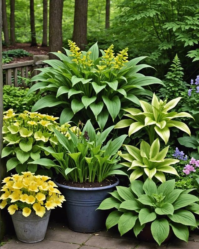 Woodland Container with Ferns, Hostas, and Primroses
