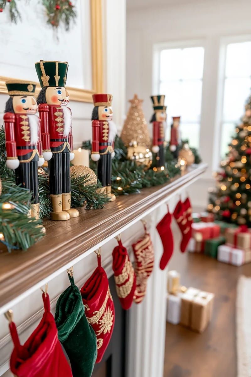 12. Nutcracker Figurines on a Snowy Mantel