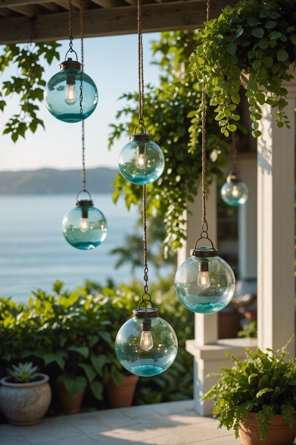 Coastal-Style Hanging Glass Orb Lanterns