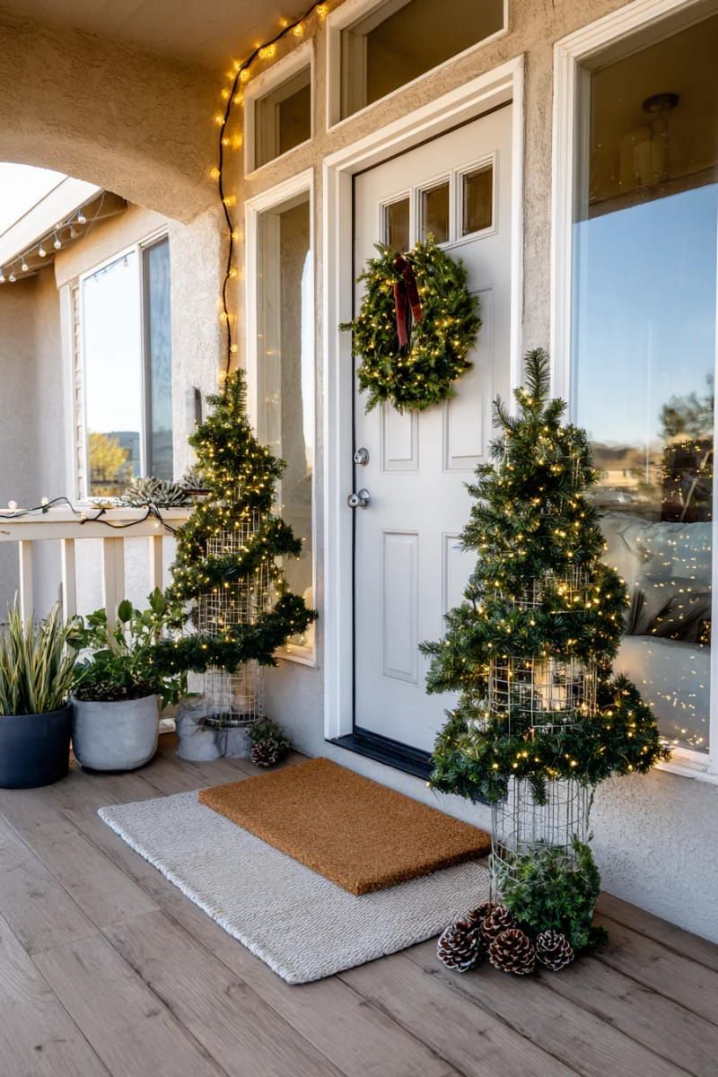 8. Tomato Cage Trees Wrapped in Garland
