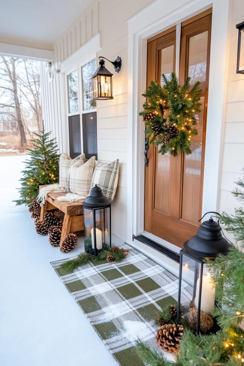 1. Checkered Doormat with Black Lanterns and Pine Cones