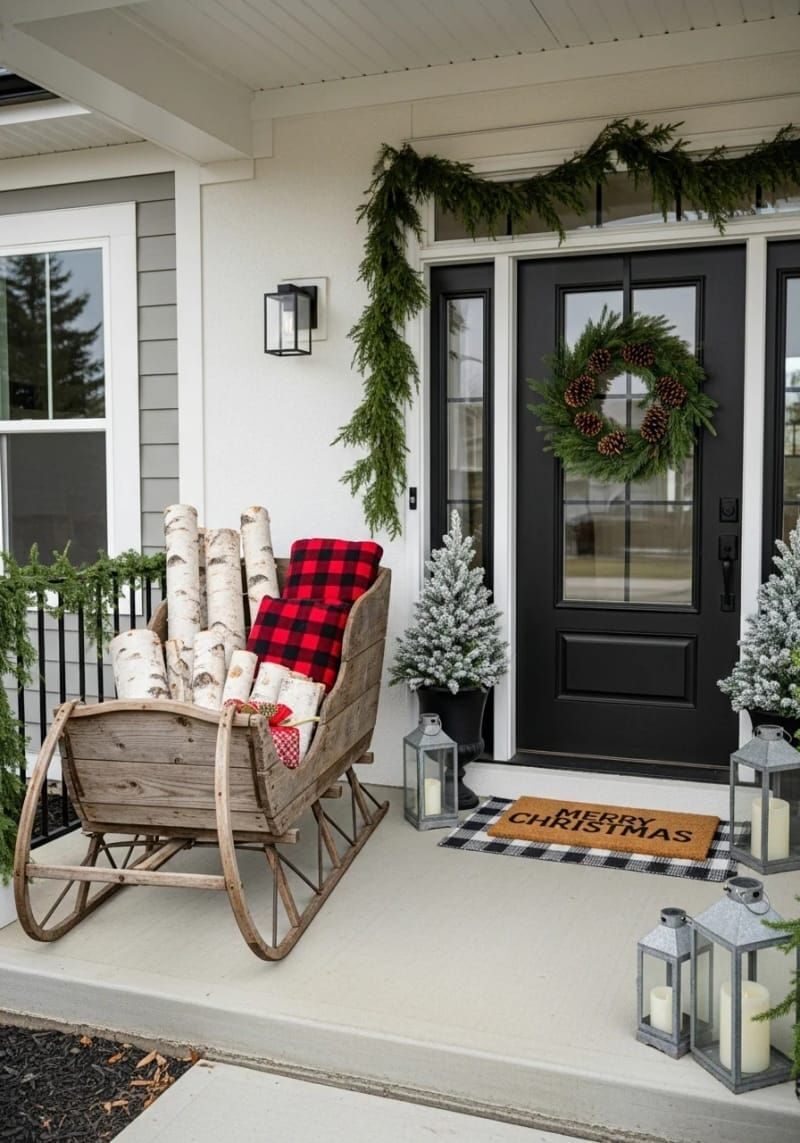2. Wooden Sleigh Filled with Birch Logs and Plaid Throws