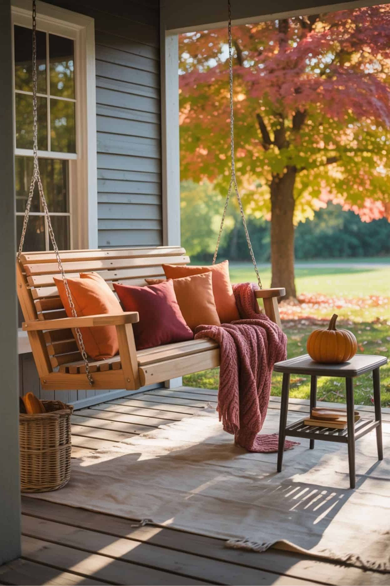 Relax on the Porch Swing with Autumn Pillows and a Snuggly Blanket