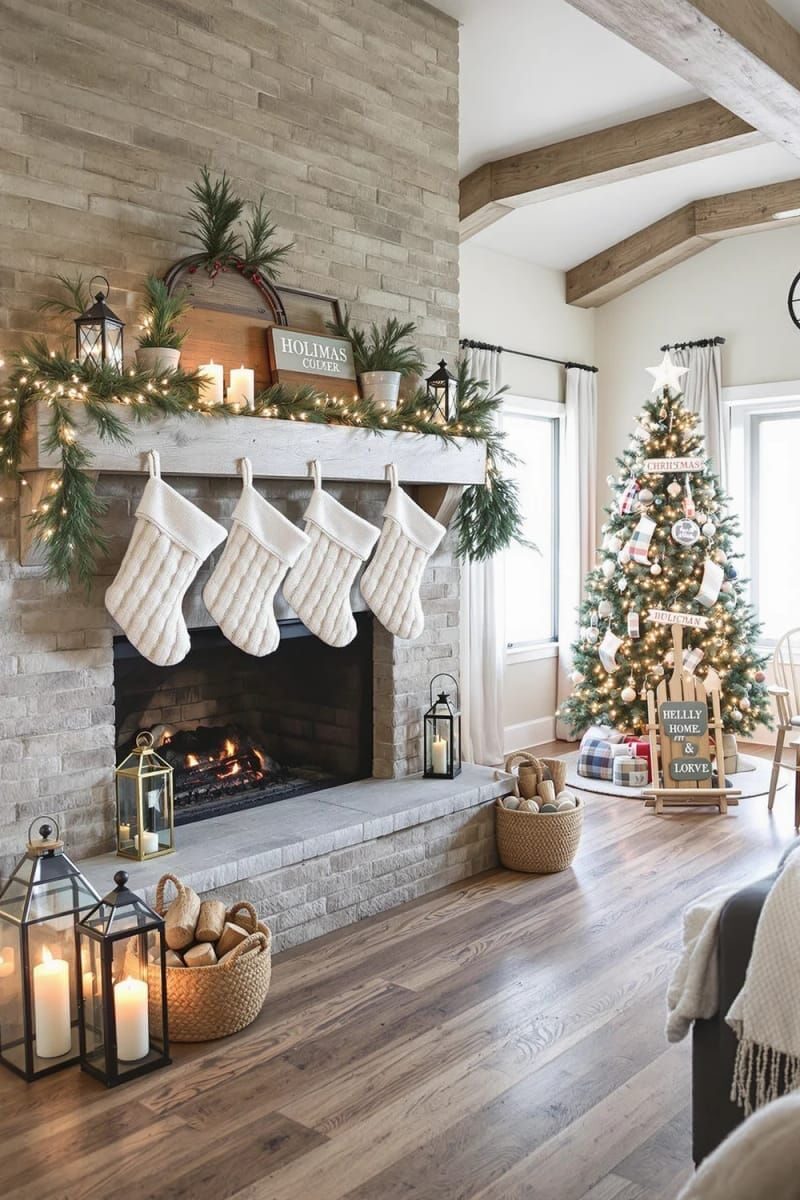 16. Comfortable knitted socks draped over a charming wooden fireplace shelf - photo 3