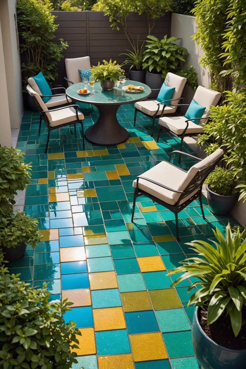 9) Glass Tile Flooring for a Shimmering Patio