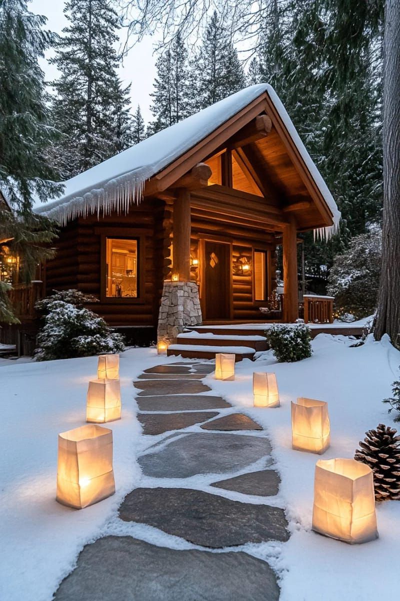 13. Paper Bag Luminaries Along a Snowy Cabin Path