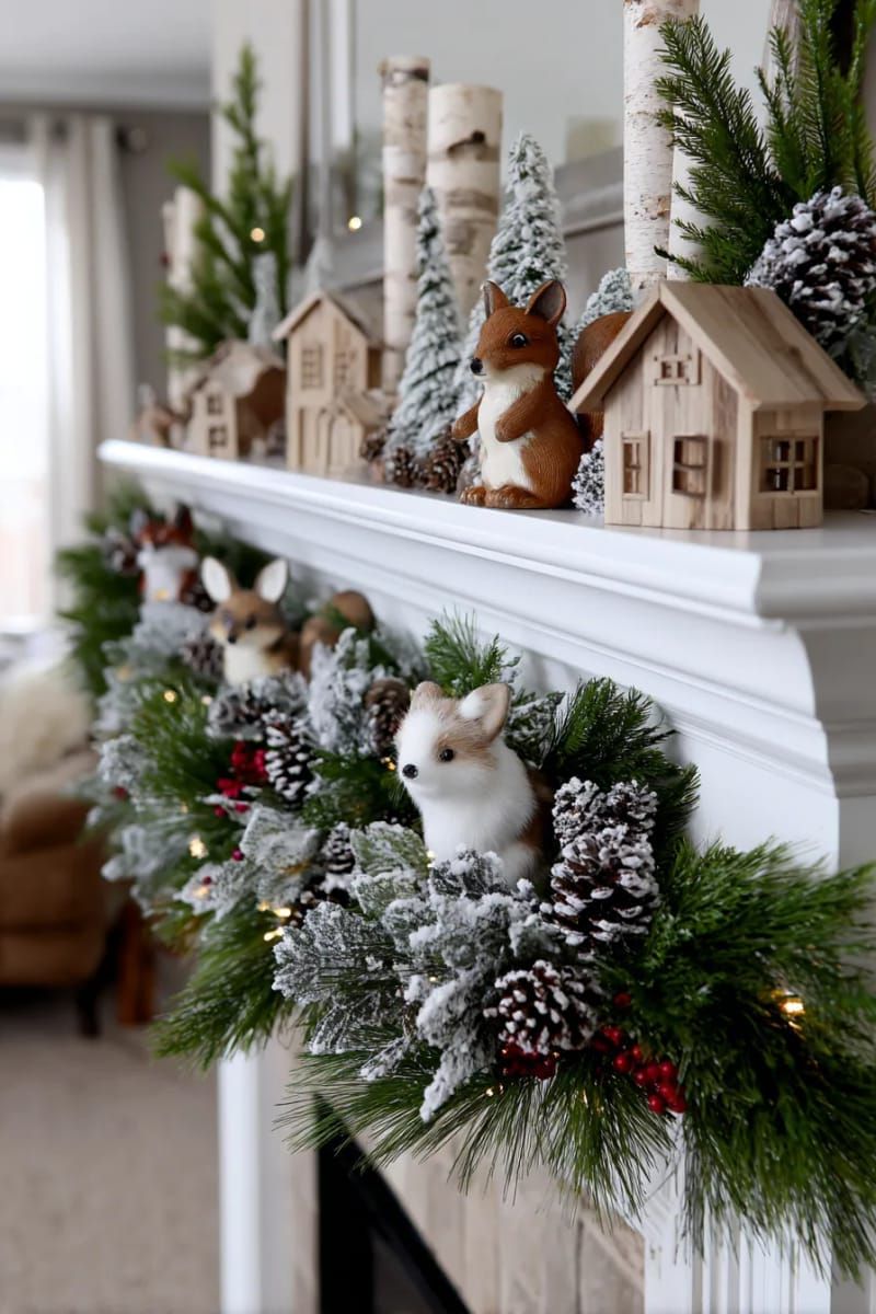 17. Snowy mantel scene with woodland creature figures - photo 2