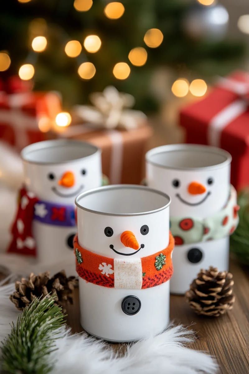 10. Tin can snowman family centerpiece with painted carrot noses
