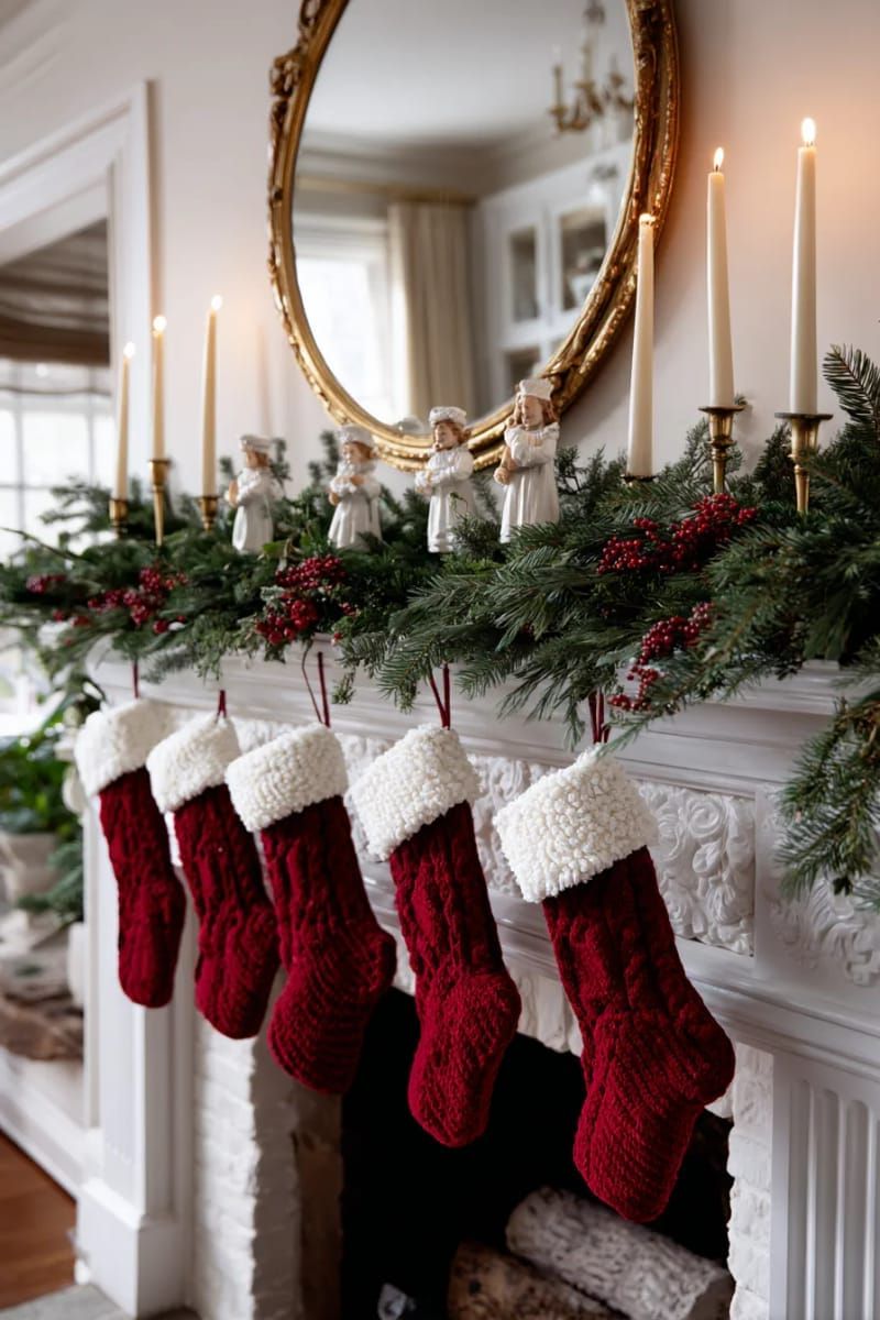 1. Retro Mantel With Velvet Stockings and Pine Garland