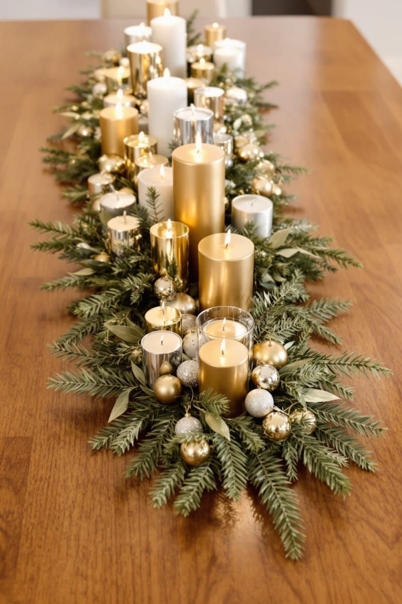 19. Evergreen sprigs with clusters of gold and silver candles for the dining table - photo 2