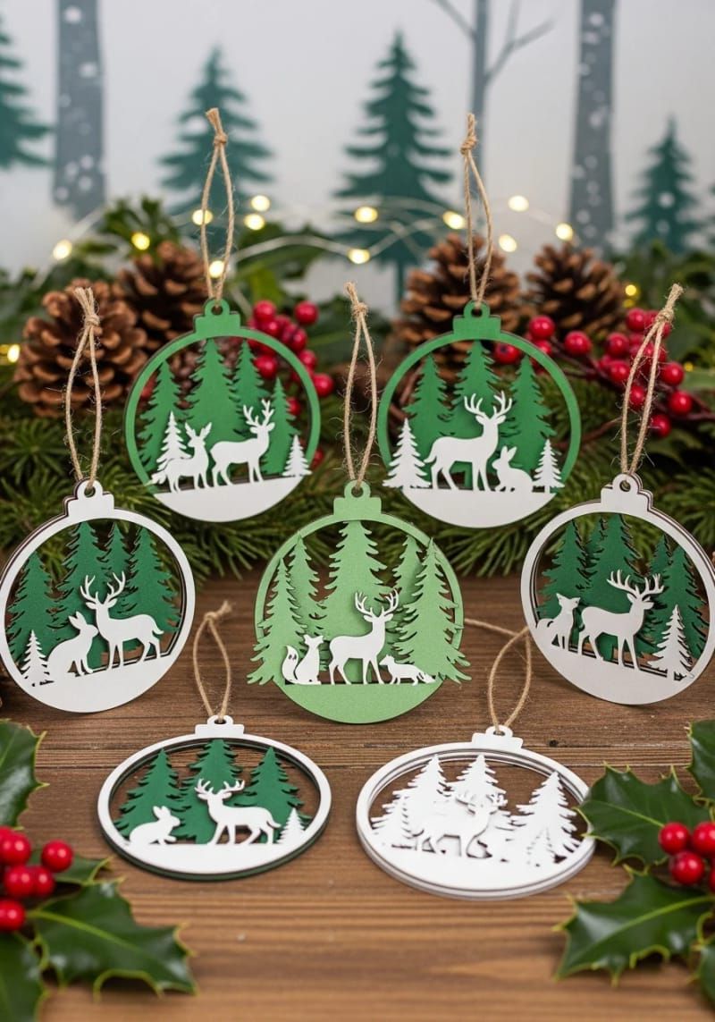 9. Forest animal decor set with layered pine trees and deer