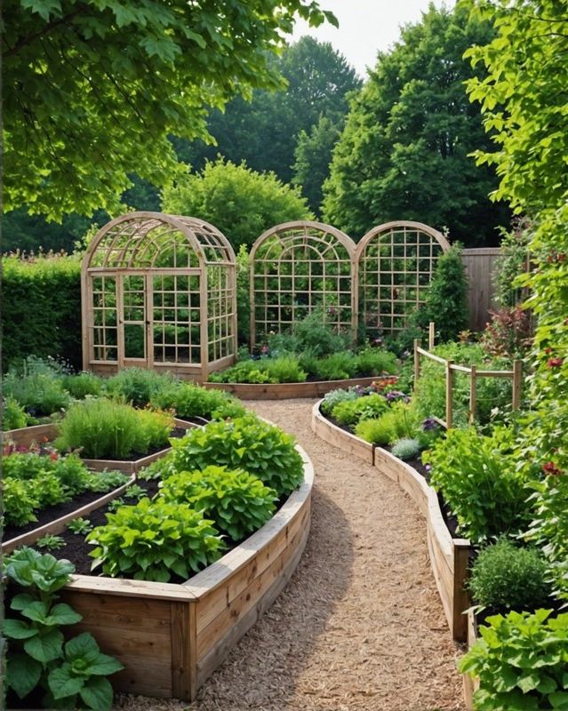 13. Enclosed Garden with Curved Trellis and Raised Beds
