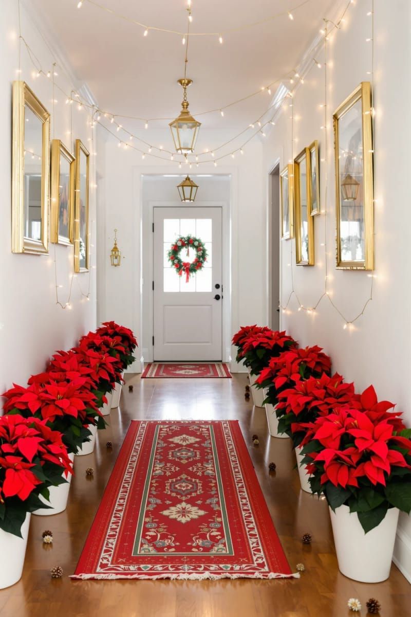 10. Glossy Potted Poinsettias Along the Hallway