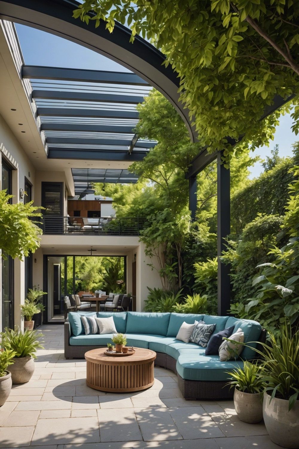 Curved Patio Layout With Louvered Roof