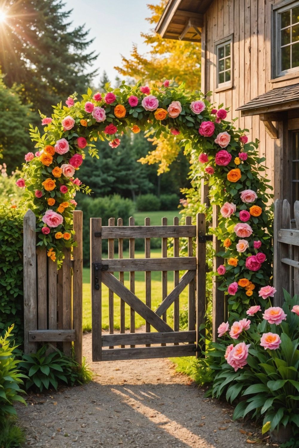 Wooden Farmhouse Gate with Floral Wreaths