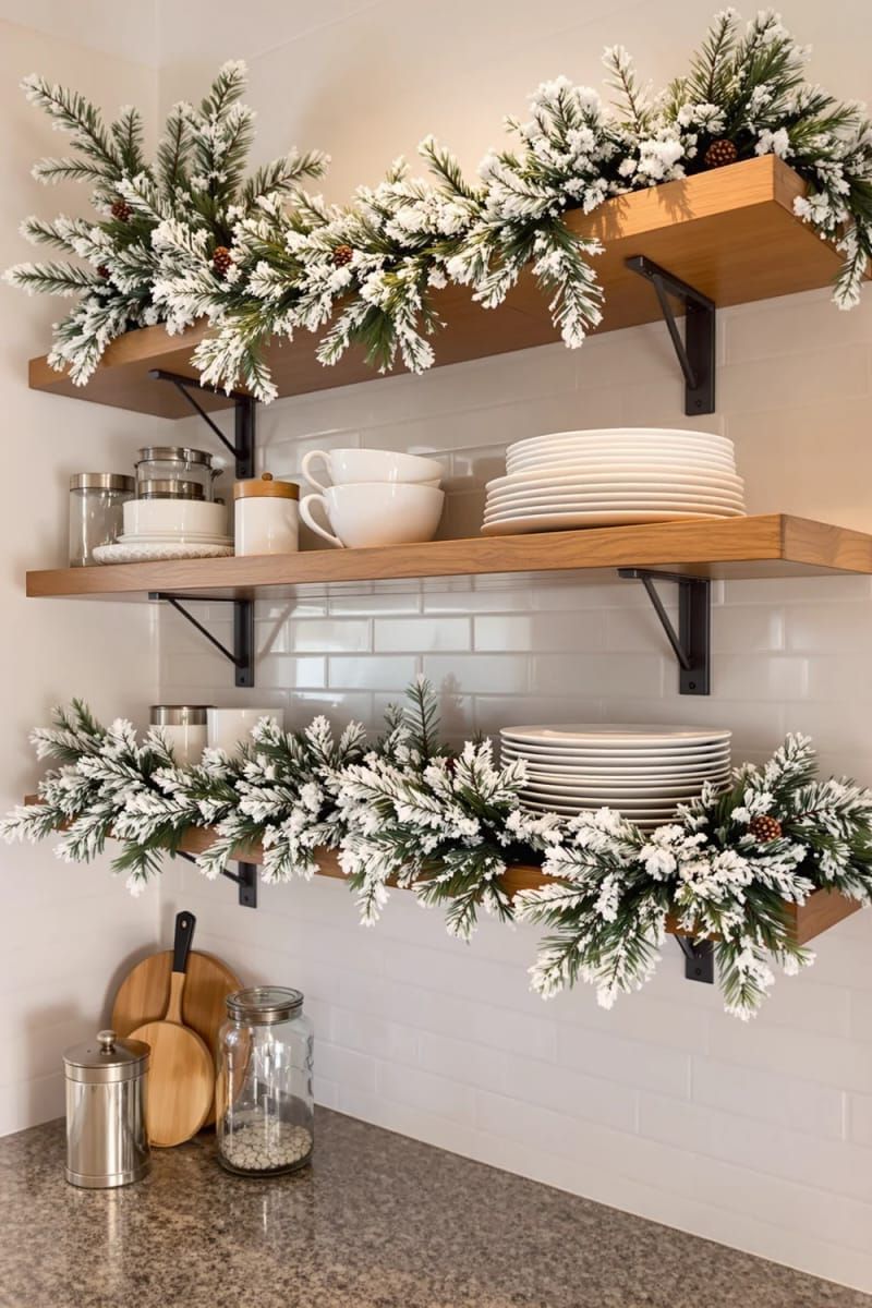 17. Frosted pine garland intertwined with open kitchen shelves