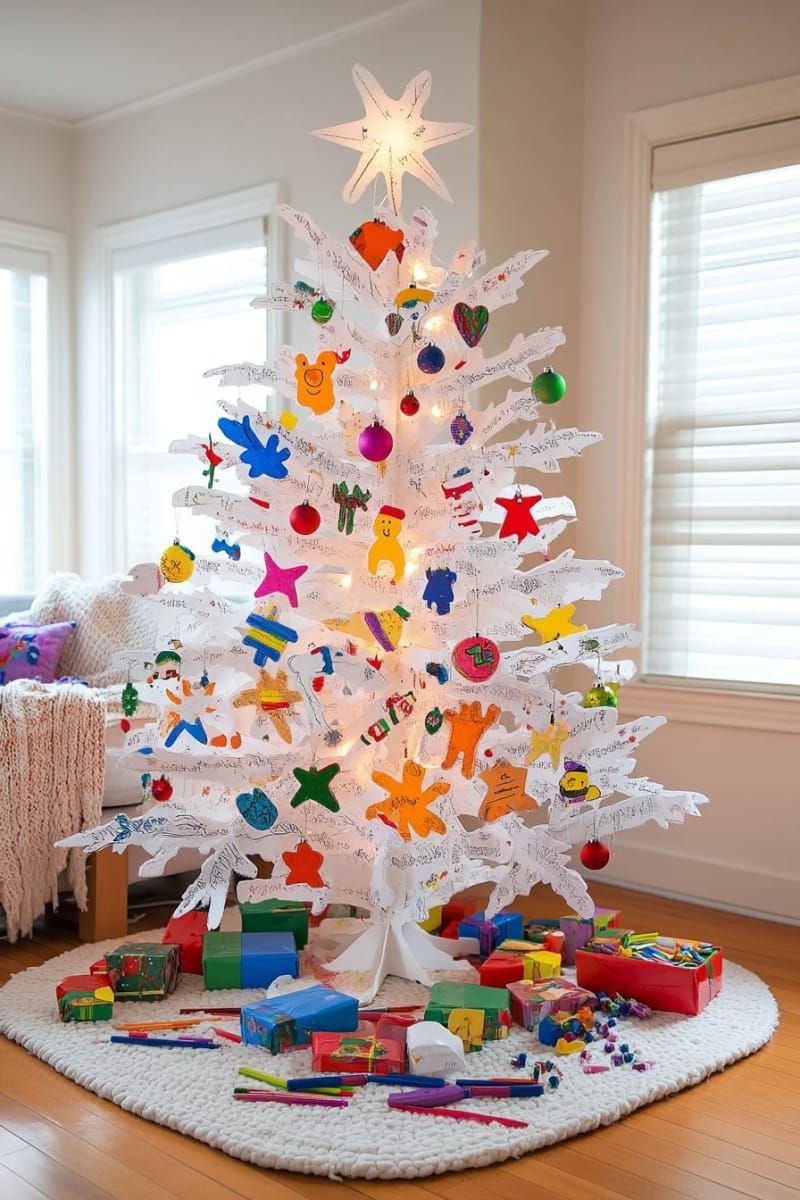 7. White tree decorated only with kids' handmade art