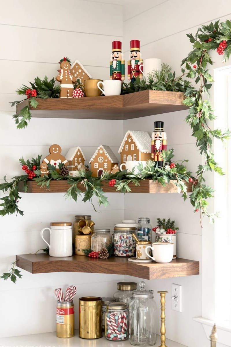7. Farmhouse kitchen shelves decorated with nutcrackers, gingerbread, and greenery