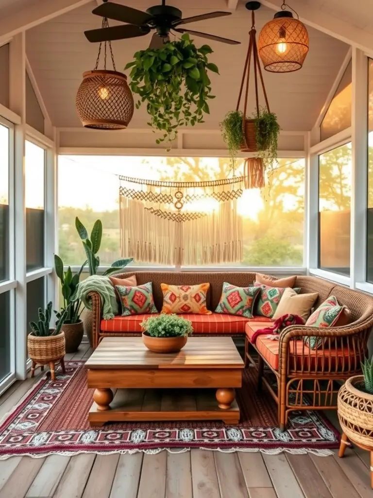 5. Boho-Style Screened Back Porch Retreat