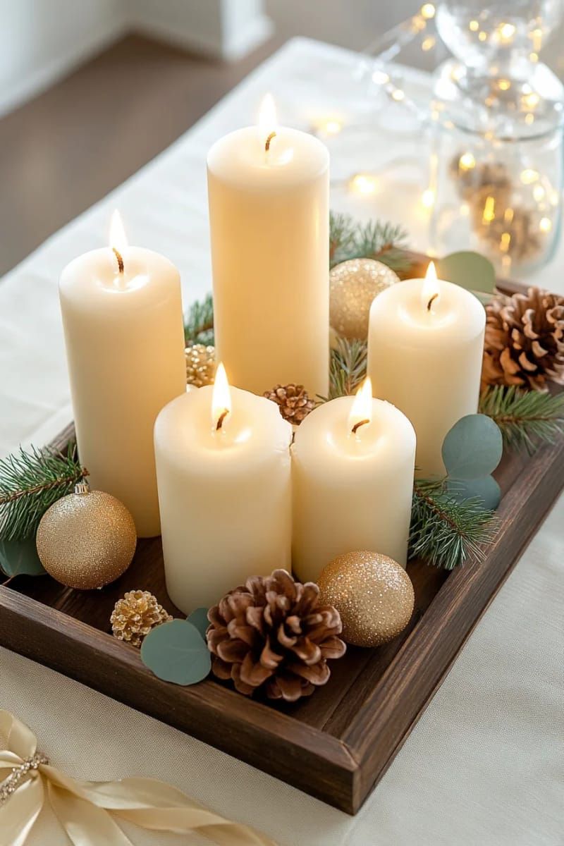 25. Pillar Candles Grouped With Gold Accents