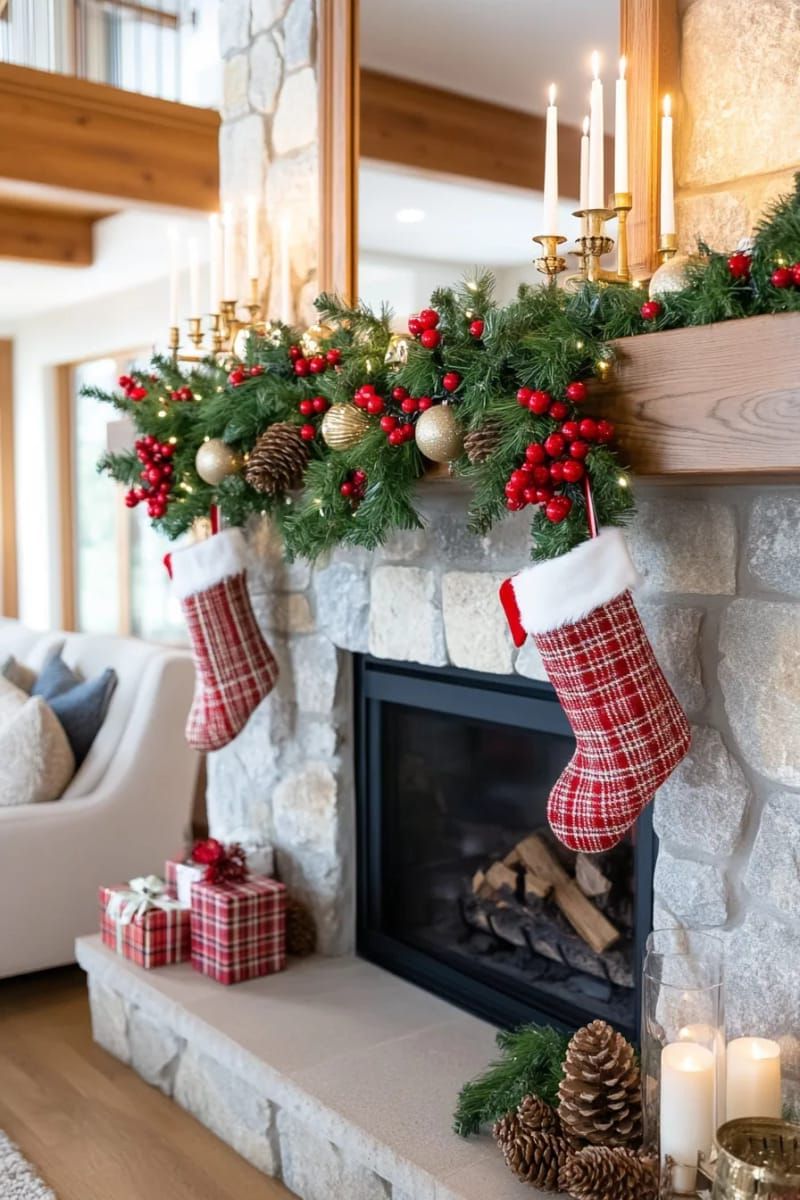 3. Mantle decorated with pine garland and berries - photo 2