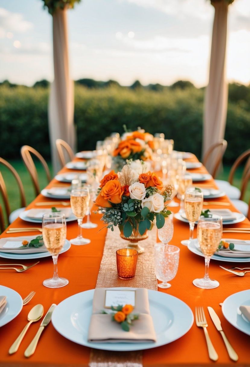 6) Burnt orange and champagne table settings