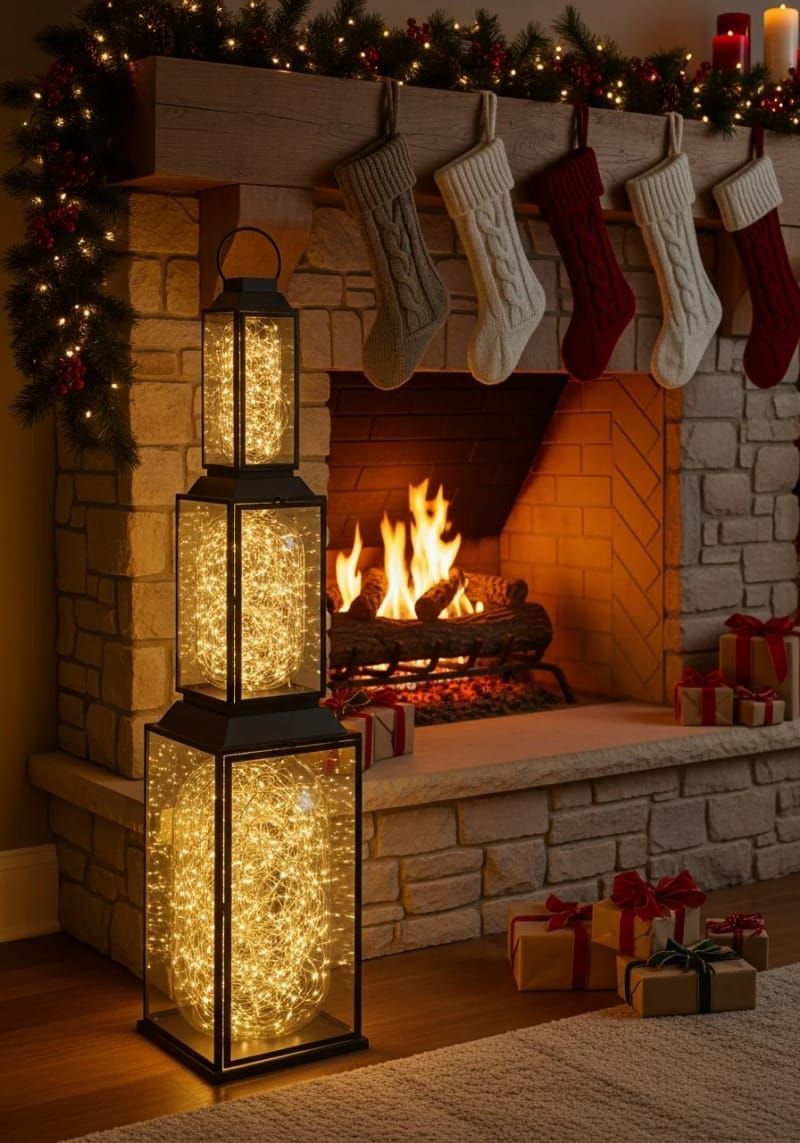 13. Tiered Lanterns Glowing Beside the Fireplace - photo 2
