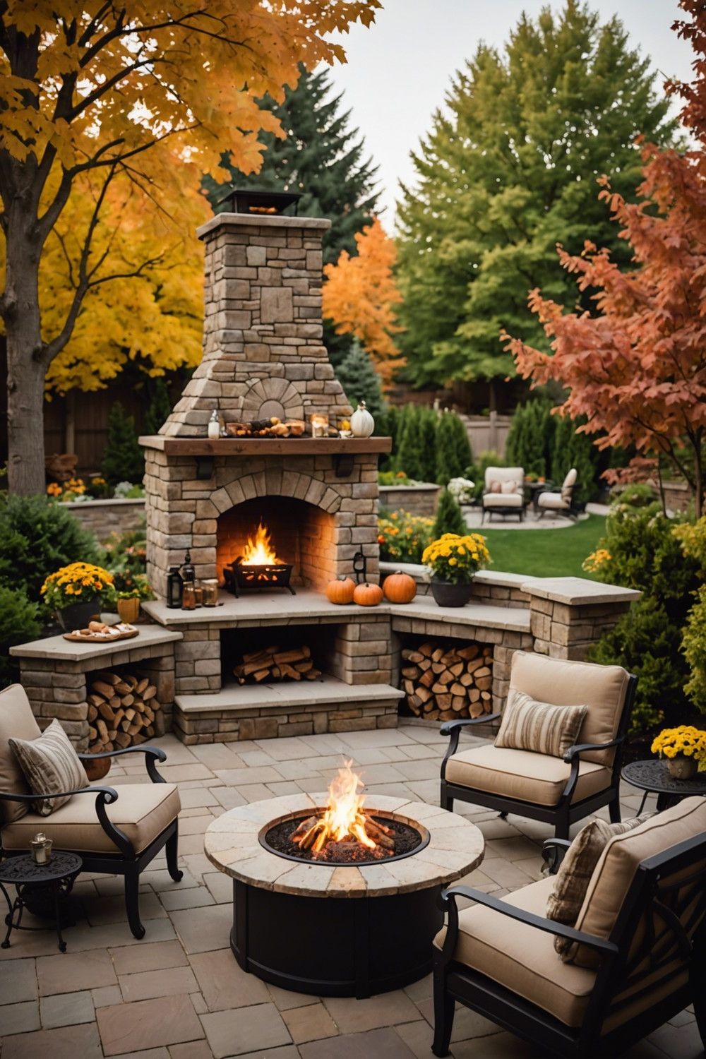 Outdoor Fireplace Paired with Built-In BBQ Kitchen