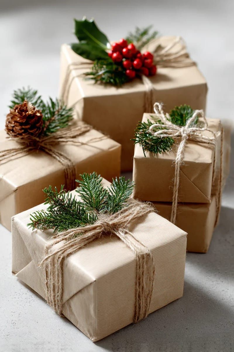 13. Kraft Paper Gifts Tied With Twine And Greenery