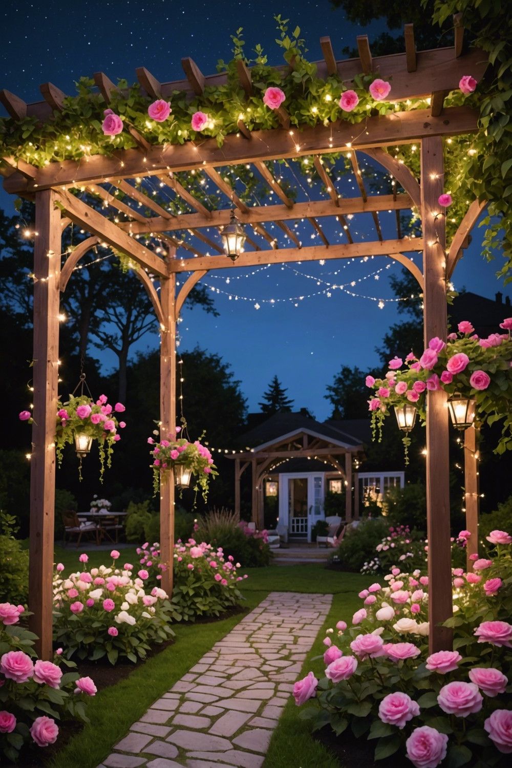 Dreamy Pergola Decorated with Fairy Lights and Flowers