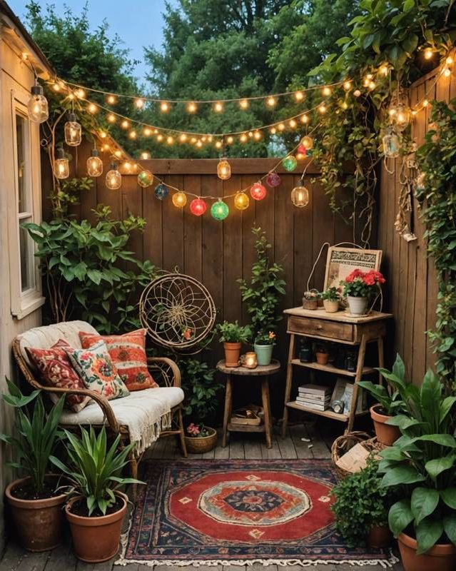 Cozy Garden With Fairy Lights And Vintage Pieces