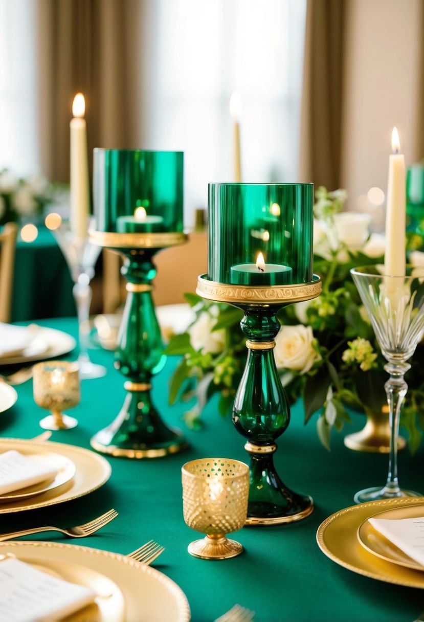 1) Emerald glass candle holders with gold trim