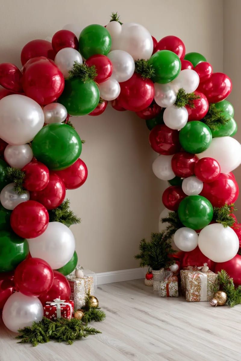15. Red, green, and white balloon photo backdrop