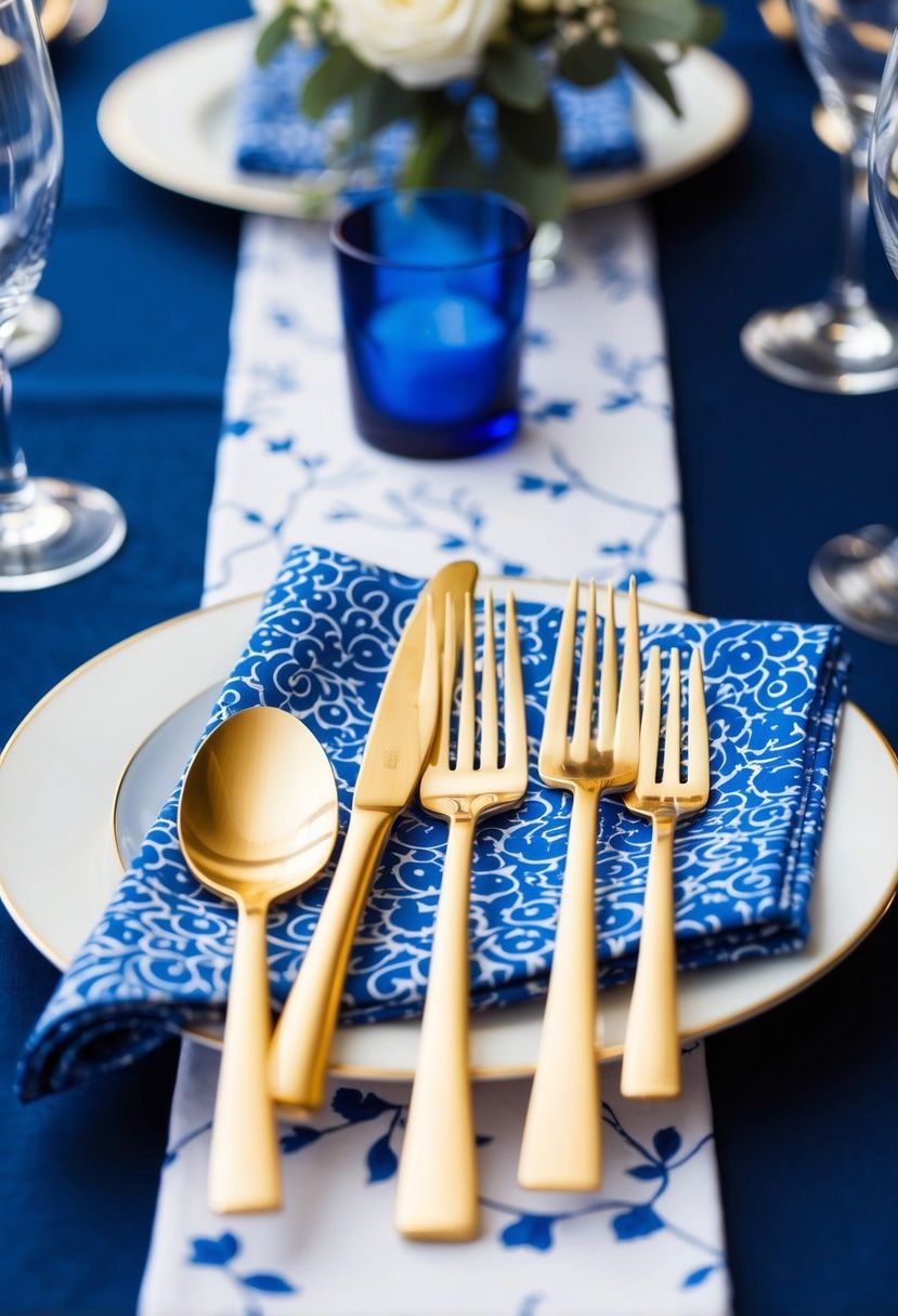 3) Gold flatware with blue patterned napkins