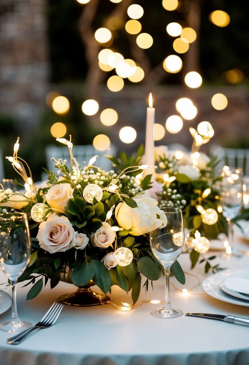 7) Combine Fairy Lights With Floral Arrangements