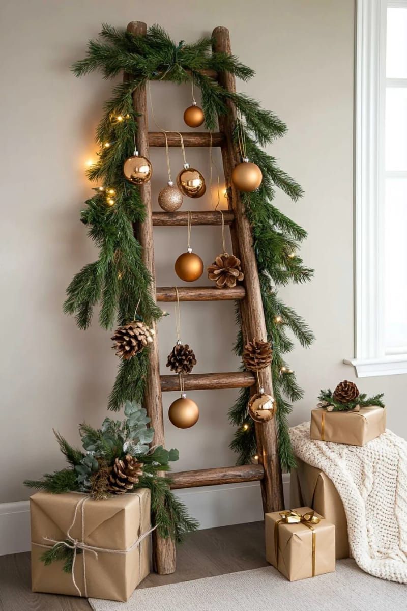 20. DIY ladder tree with garlands and metallic ornaments - photo 2