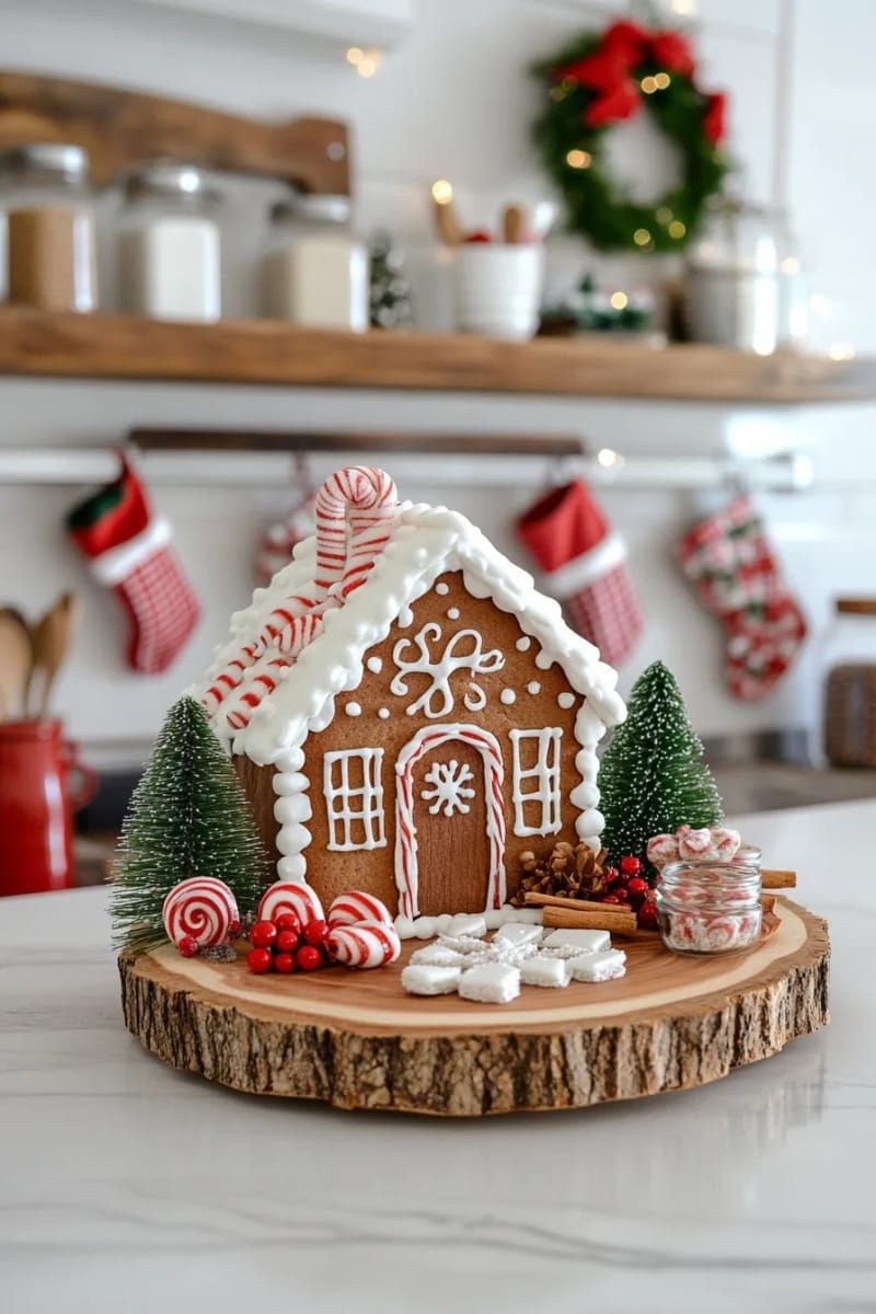 16. Gingerbread Cottage Built on a Wood Slice Base
