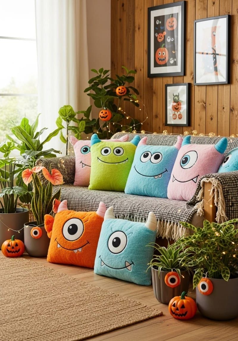 6. Plush Monster Pillows in Bold Colors