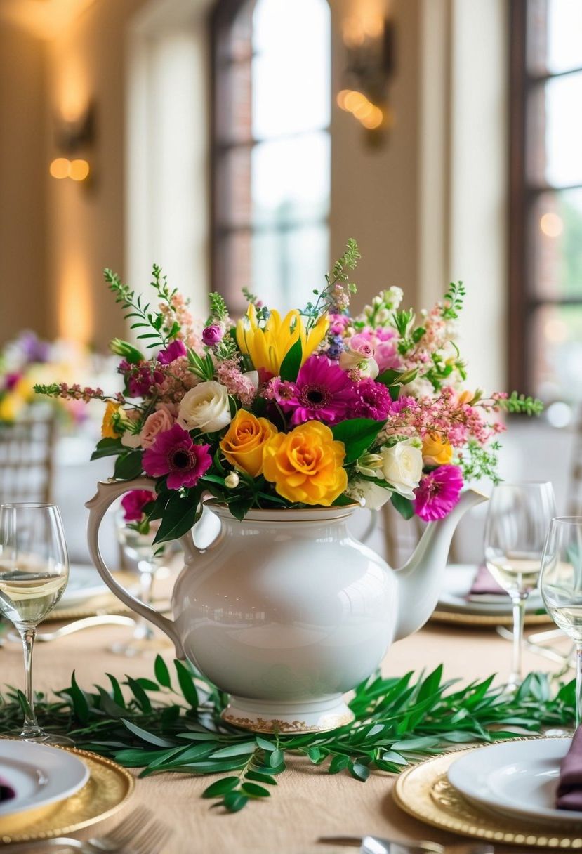 15) Refined floral arrangement in a teapot