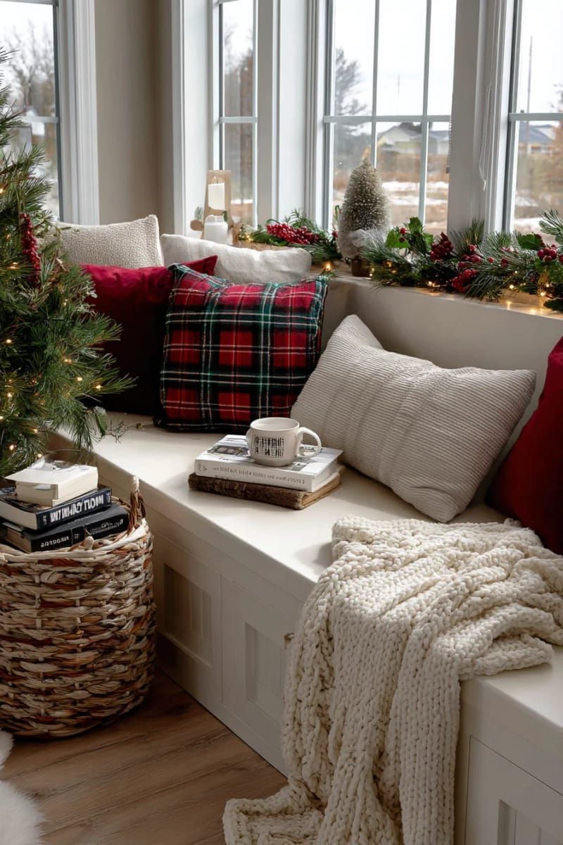 15. Cozy Reading Nook with Plaid Cushions and Basket Tree - photo 3